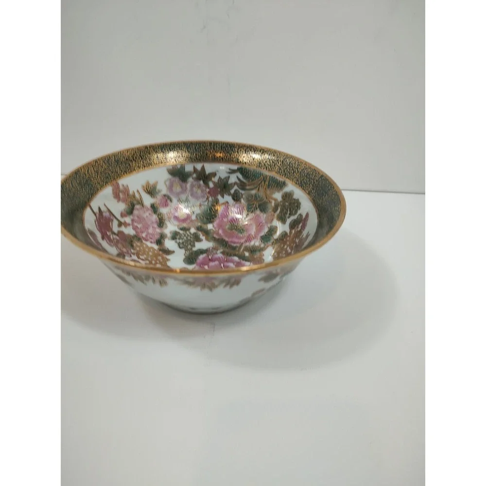 Vintage Oriental Display Bowl‎ Green Gold Mauve Floral 8.5
